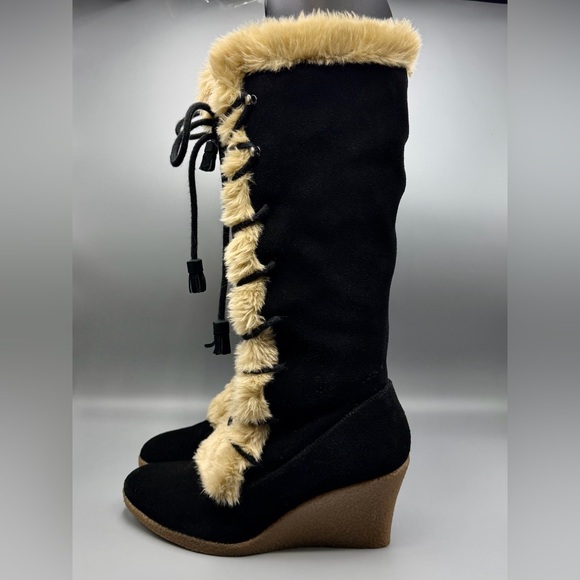 Nine West Tall Wedge Boots Black Faux Fur Lace Up Women’s Size 8M - Picture 4 of 6